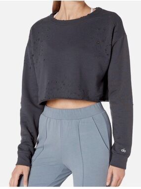 ALO Yoga Cropped Distressed Sweatshirt - Charcoal